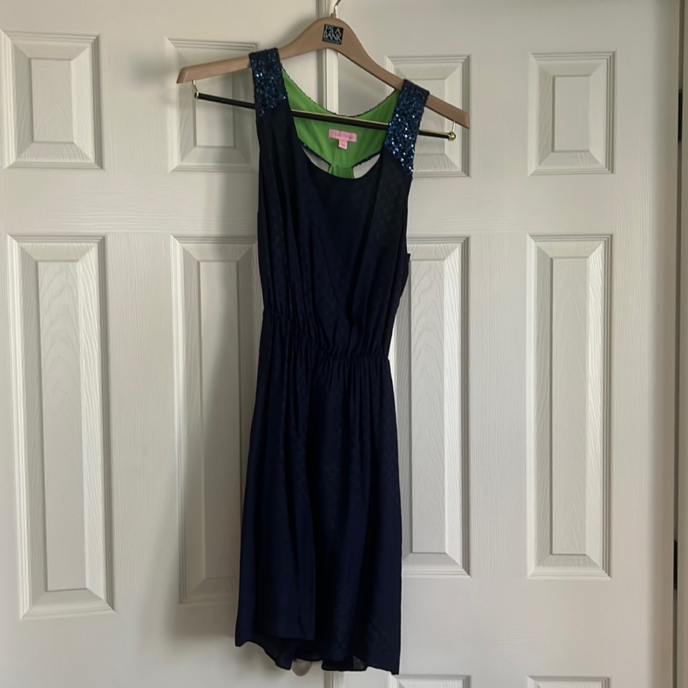 Lilly Pulitzer navy dress with sequin top, scalloped pattern